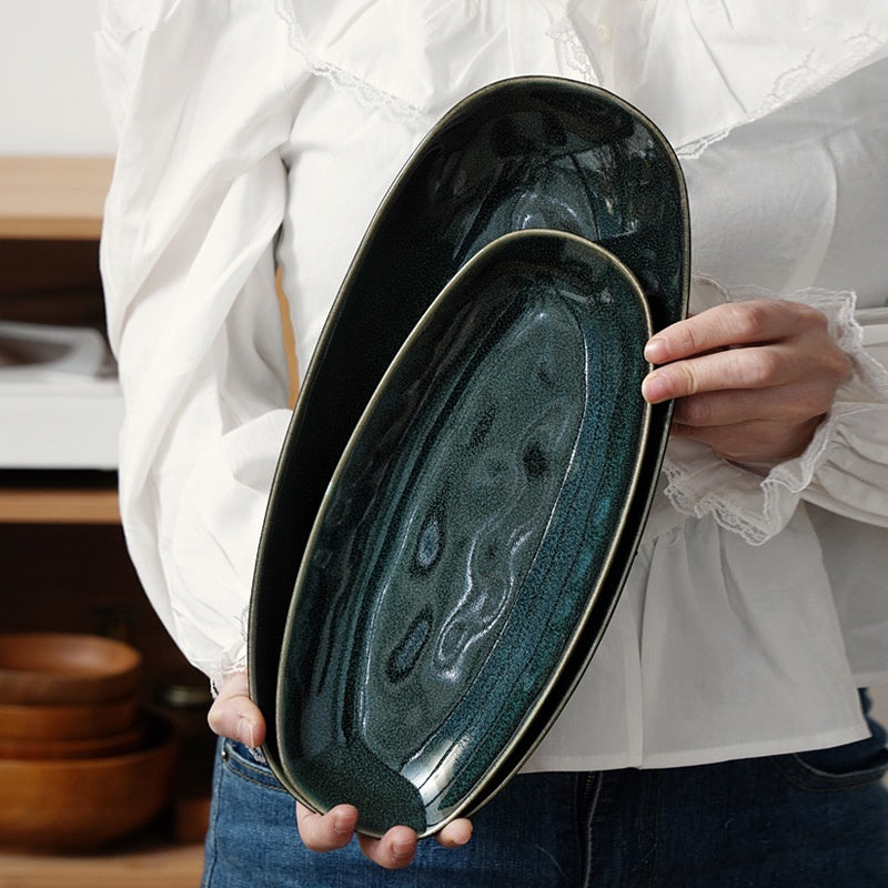 Glaze Kiln Oval Fish Dish Household Dinner Plate Long Plate Swing Plate
