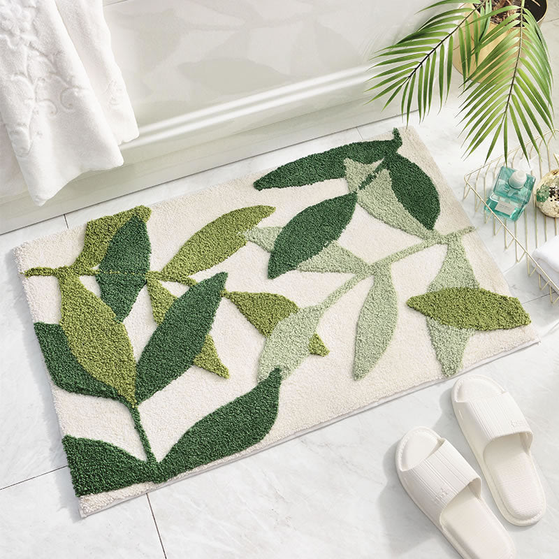 Honlakerx Green Leaves Flocking Bath Mat Non-slip