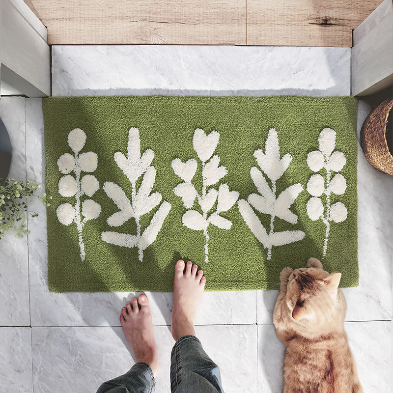 Honlakerx Green Leaves Flocking Bath Mat Non-slip