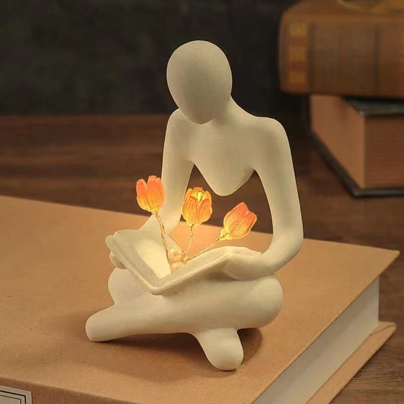 Nordic Abstract Thinker Statue Lights Creative Reader Tulip Book Sculpture Night Lamp Desk Bookshelf Figurines Decor