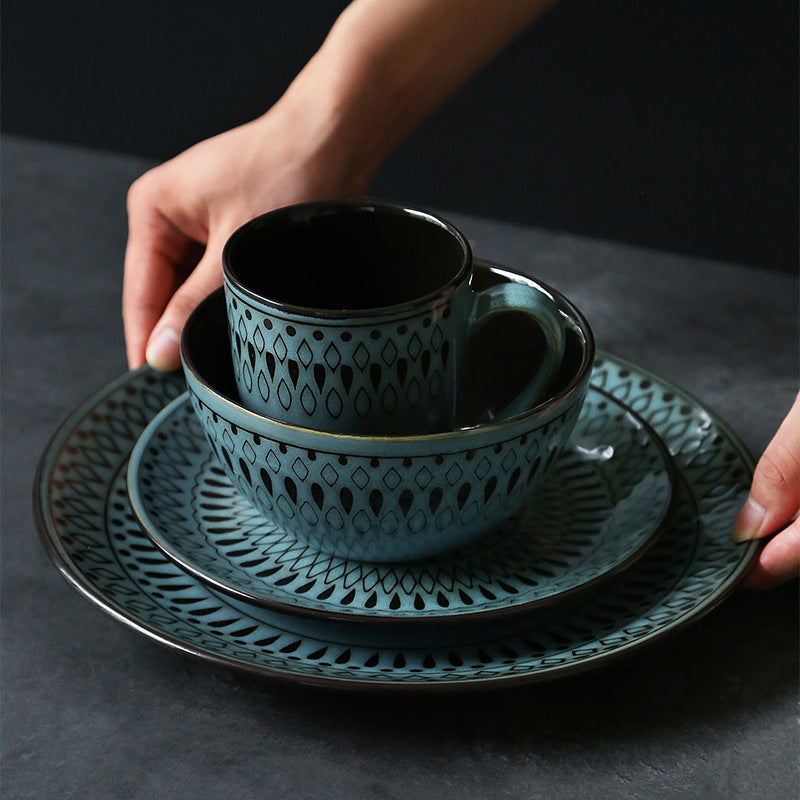 Ceramic Bowls Plates Cups Tableware Set Retro Household