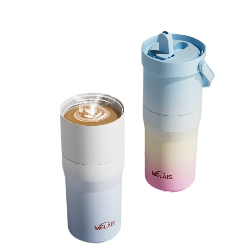 Stainless Steel Large Capacity Double Lid Double Bottle Sports Cup With Straw