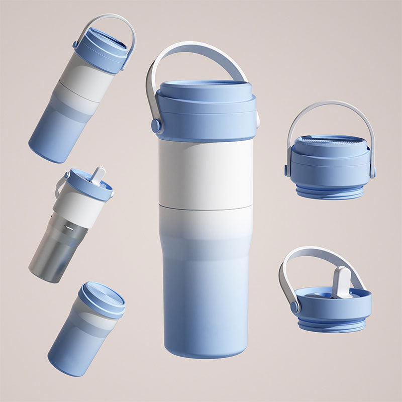 Stainless Steel Large Capacity Double Lid Double Bottle Sports Cup With Straw