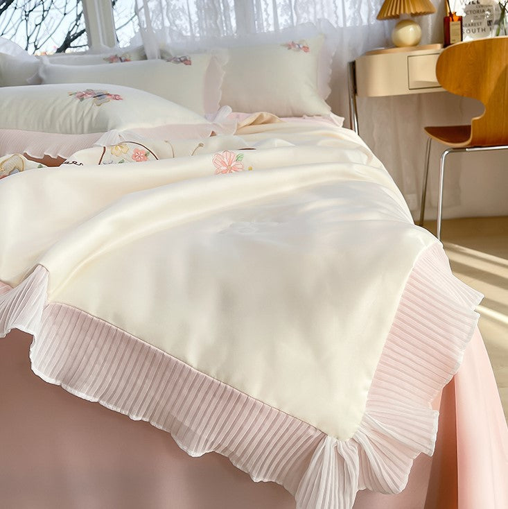 Korean Ice Silk Summer Quilt Four-piece Set Embroidery Lace Air Conditioning Cool Feeling Thin Duvet